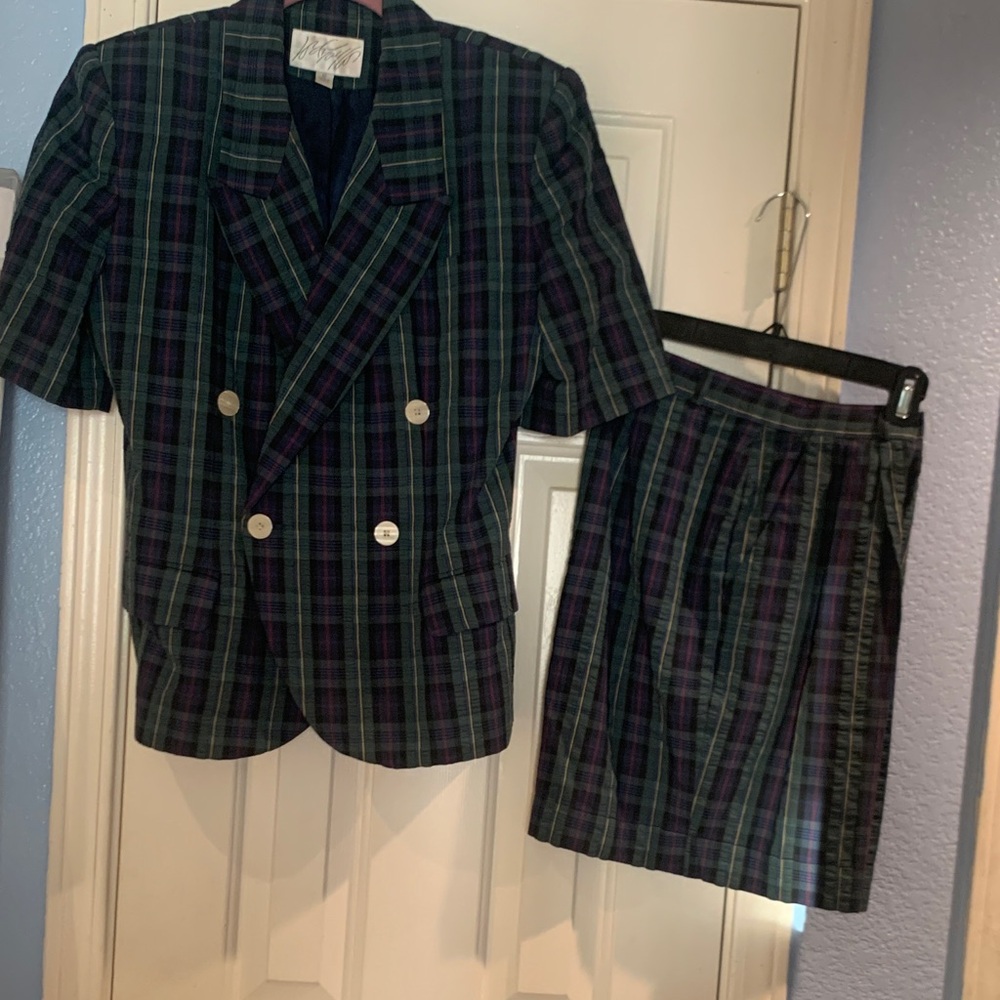 Vintage Plaid hunter Green and Navy Double-Breasted Blazer & Short Set -